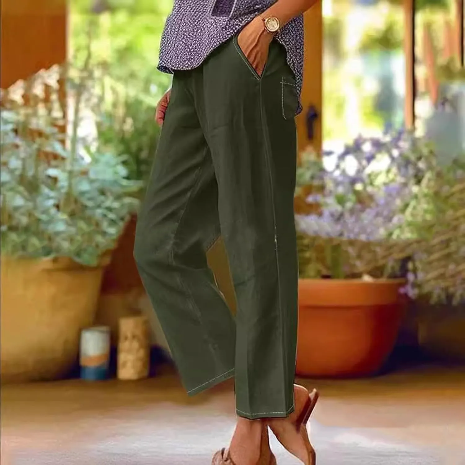 Womens Cotton Linen Buttons Waist Pant Casual Straight Leg Long Trousers Summer Lightweight Loose Pants