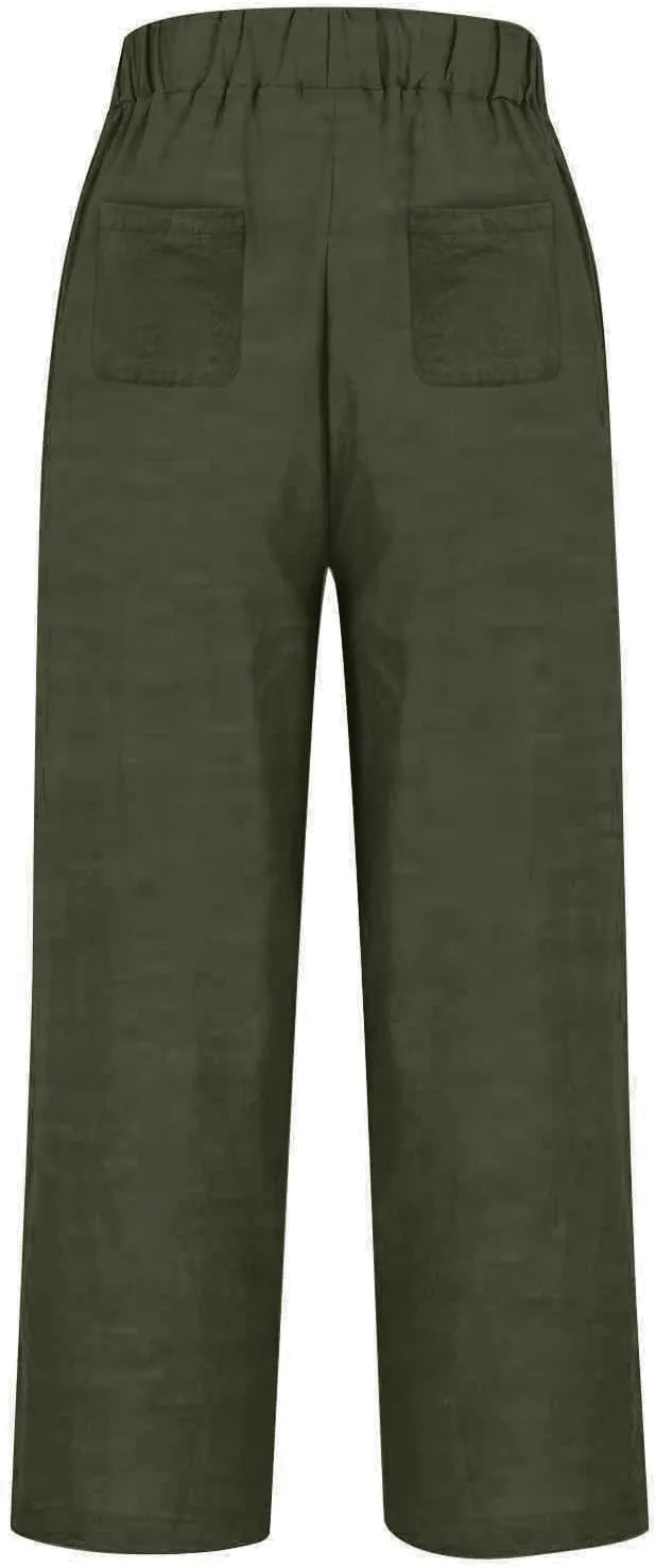 Womens Cotton Linen Buttons Waist Pant Casual Straight Leg Long Trousers Summer Lightweight Loose Pants
