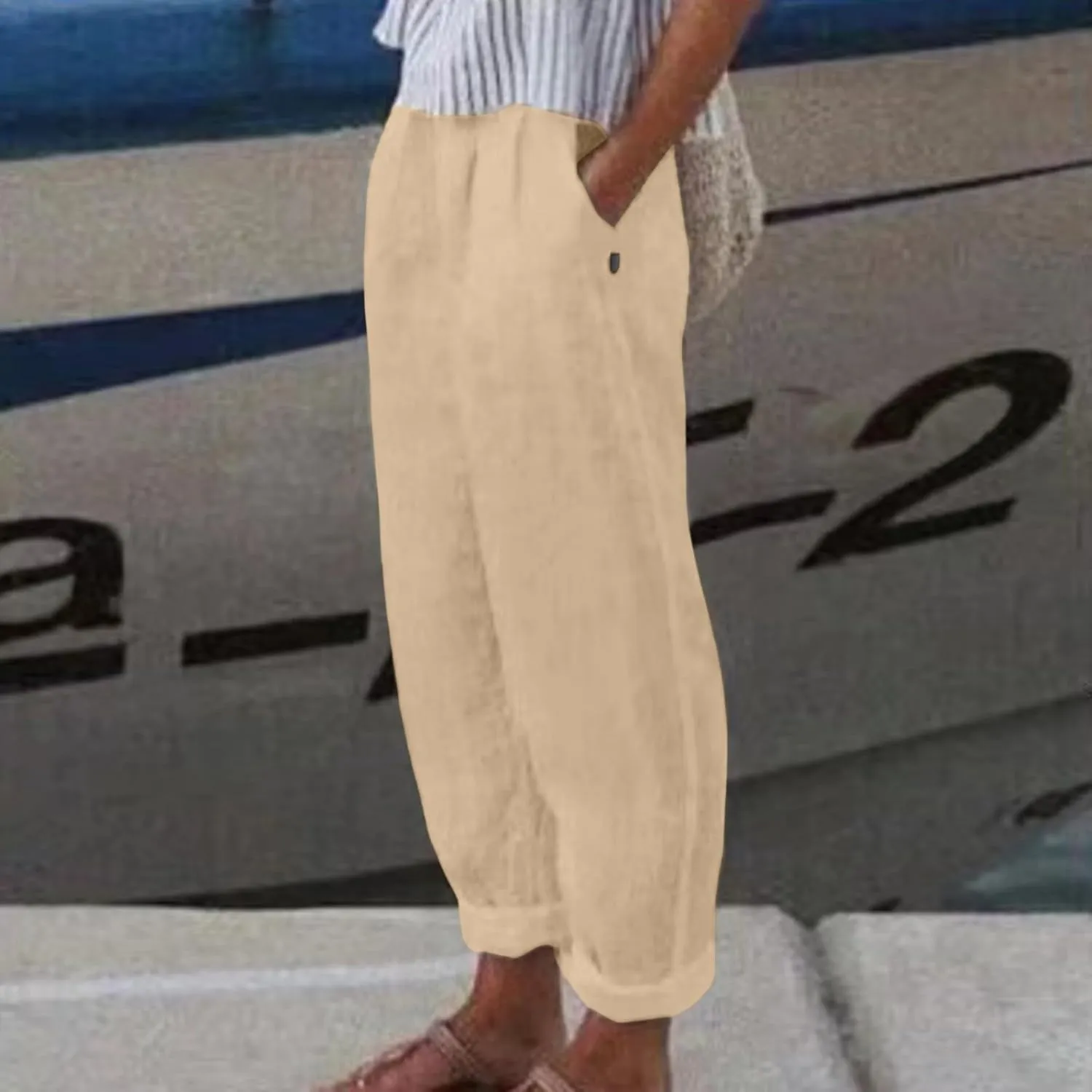 Women's Cotton Linen Pants Plus Size Elastic High Waist Comfy Straight Trouser Summer Casual Loose Pant with Pockets