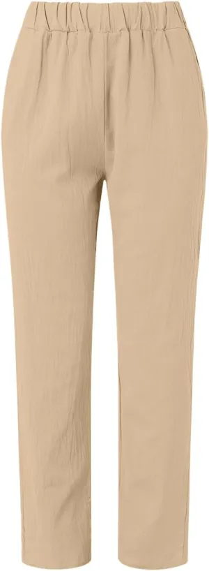 Women's Cotton Linen Pants Plus Size Elastic High Waist Comfy Straight Trouser Summer Casual Loose Pant with Pockets