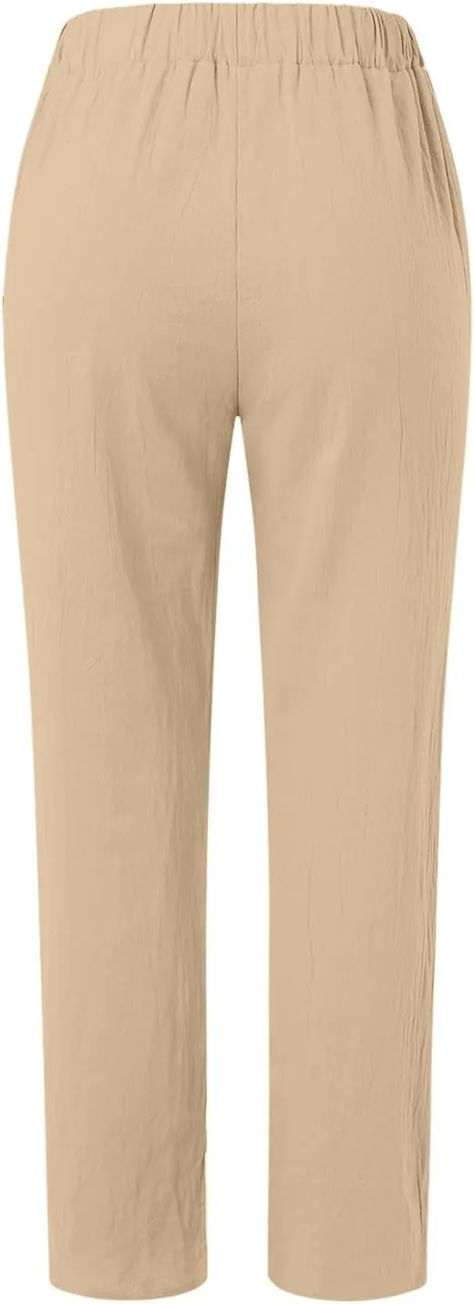 Women's Cotton Linen Pants Plus Size Elastic High Waist Comfy Straight Trouser Summer Casual Loose Pant with Pockets