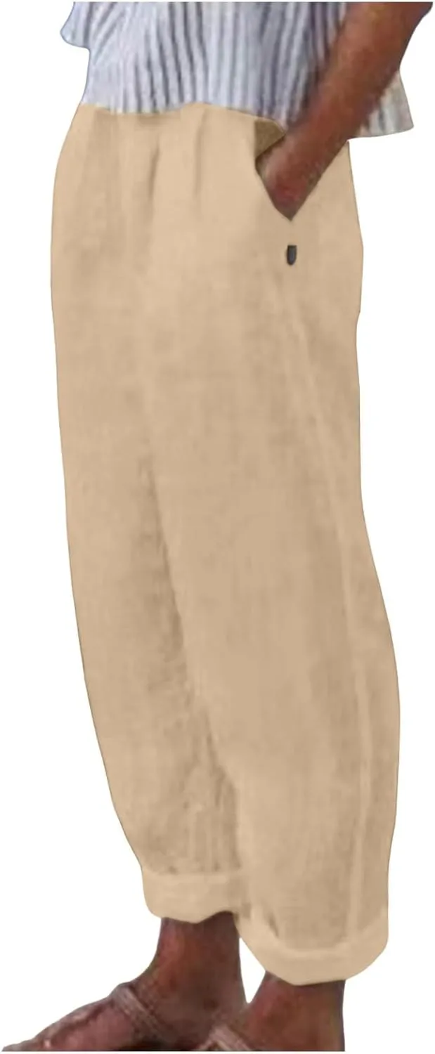 Women's Cotton Linen Pants Plus Size Elastic High Waist Comfy Straight Trouser Summer Casual Loose Pant with Pockets