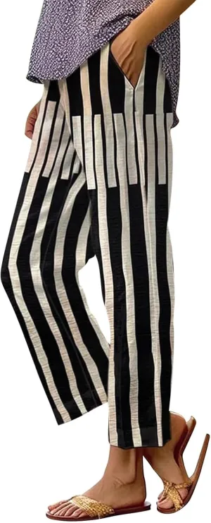 Women's Cotton Linen Pants Straight Elastic Pants Loose Elastic High Waisted Wide Leg Beach Trousers with Pockets
