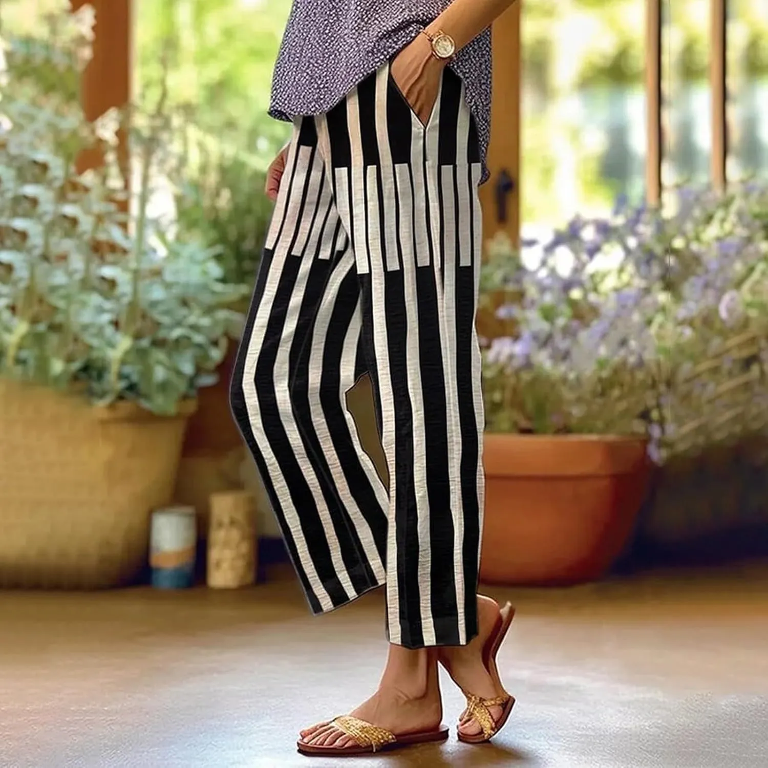 Women's Cotton Linen Pants Straight Elastic Pants Loose Elastic High Waisted Wide Leg Beach Trousers with Pockets