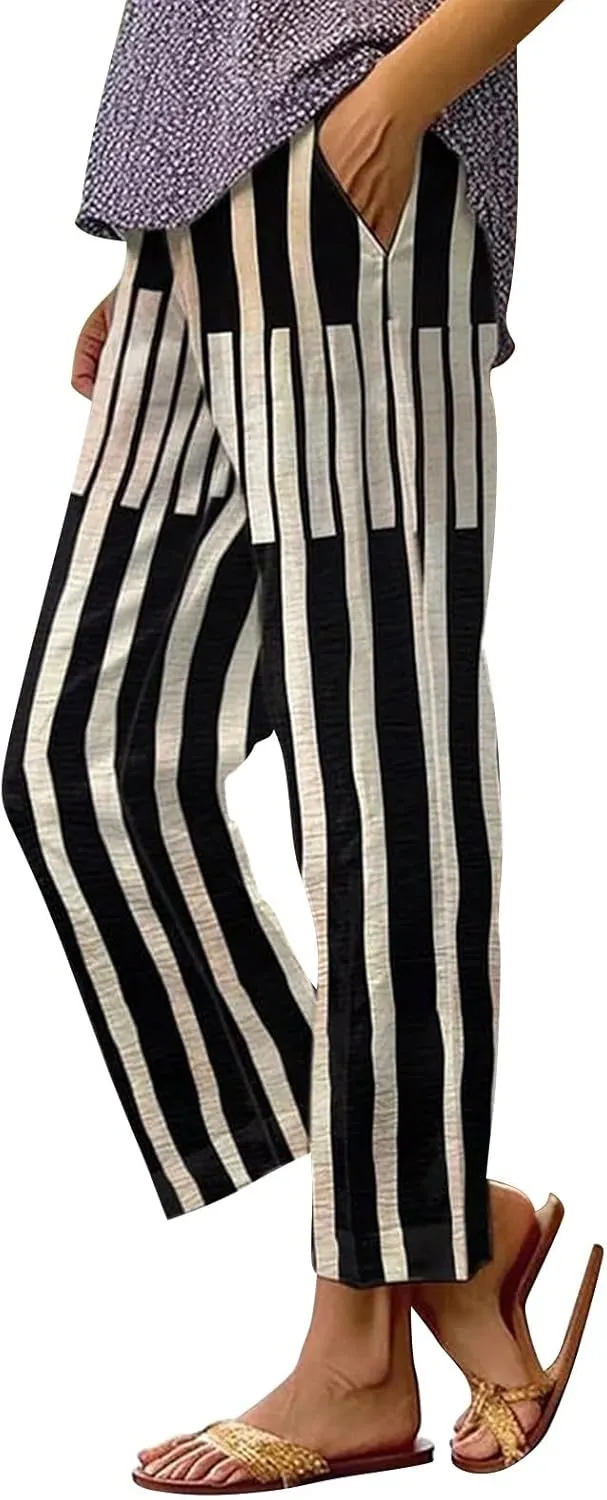 Women's Cotton Linen Pants Straight Elastic Pants Loose Elastic High Waisted Wide Leg Beach Trousers with Pockets