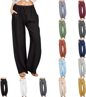 Women's Cotton Linen Pants Summer Drawstring High Waisted Palazzo Pants Casual Wide Leg Yoga Pants with Pockets