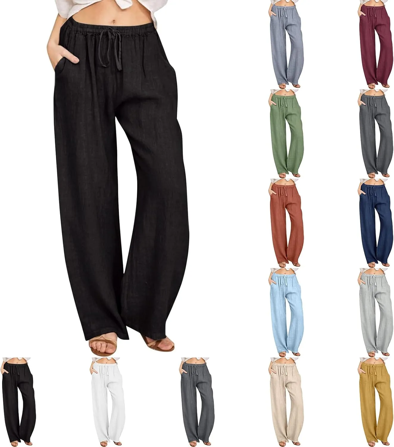 Women's Cotton Linen Pants Summer Drawstring High Waisted Palazzo Pants Casual Wide Leg Yoga Pants with Pockets