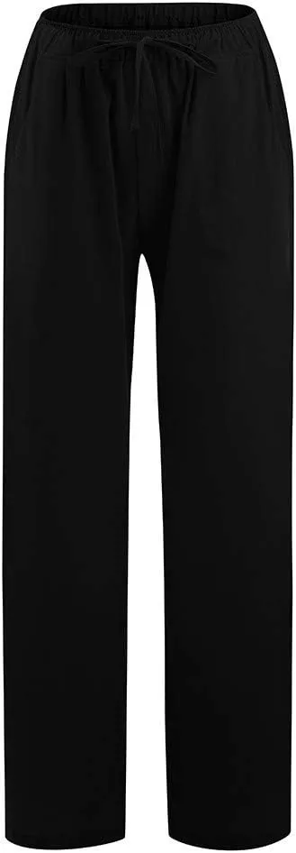 Women's Cotton Linen Pants Summer Drawstring High Waisted Palazzo Pants Casual Wide Leg Yoga Pants with Pockets