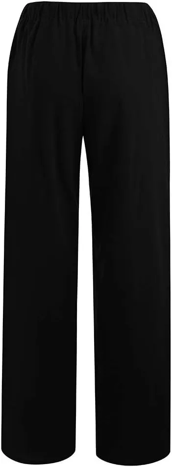 Women's Cotton Linen Pants Summer Drawstring High Waisted Palazzo Pants Casual Wide Leg Yoga Pants with Pockets