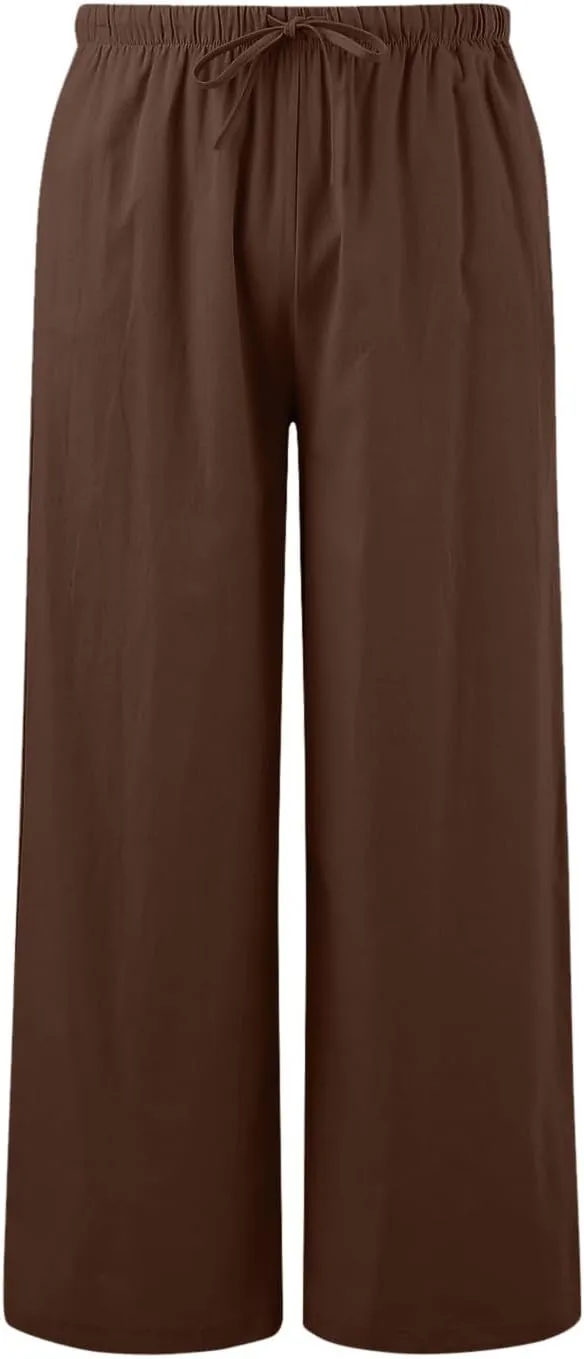 Womens Cotton Linen Pants Summer Palazzo Pants Drawstring Elastic Waist Wide Leg Trousers with Pockets