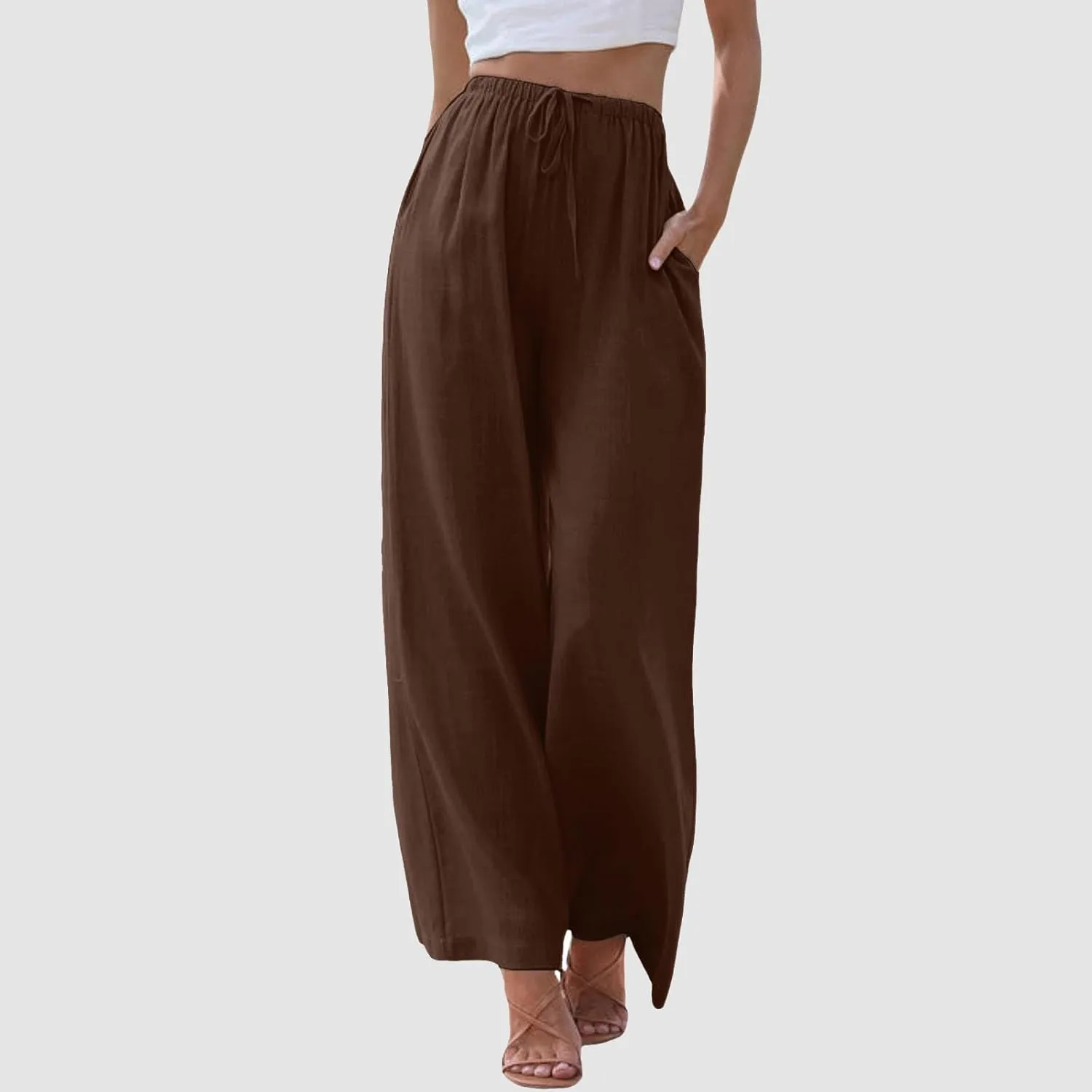 Womens Cotton Linen Pants Summer Palazzo Pants Drawstring Elastic Waist Wide Leg Trousers with Pockets