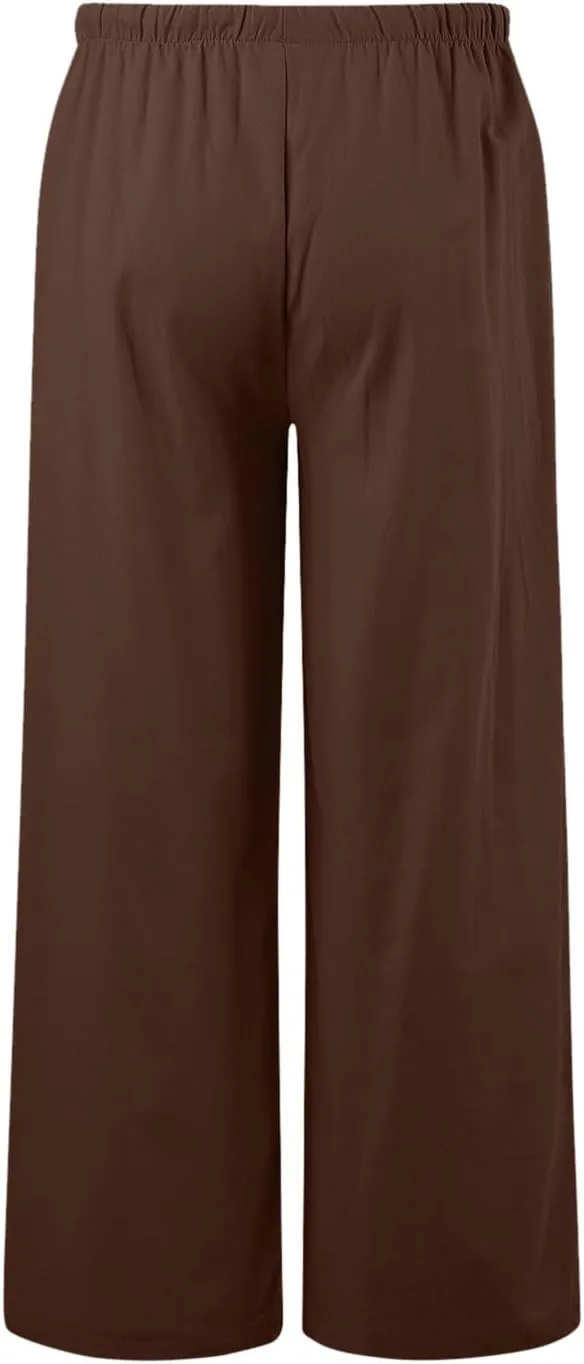 Womens Cotton Linen Pants Summer Palazzo Pants Drawstring Elastic Waist Wide Leg Trousers with Pockets