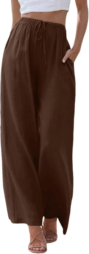 Womens Cotton Linen Pants Summer Palazzo Pants Drawstring Elastic Waist Wide Leg Trousers with Pockets