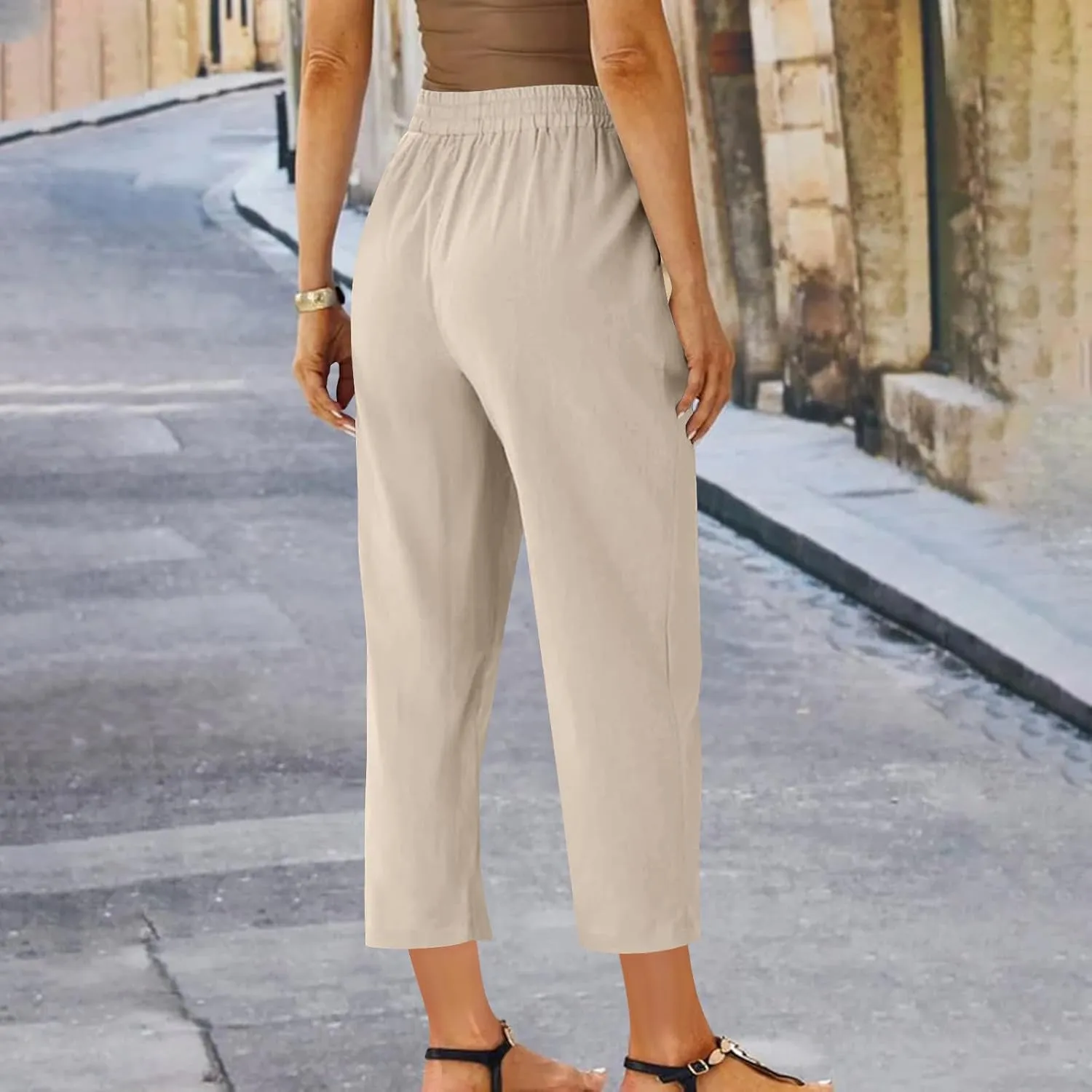 Women's Cotton Linen Pants Summer Straight Leg High Waisted Capri Pants Casual Drawstring Beach Trousers with Pockets