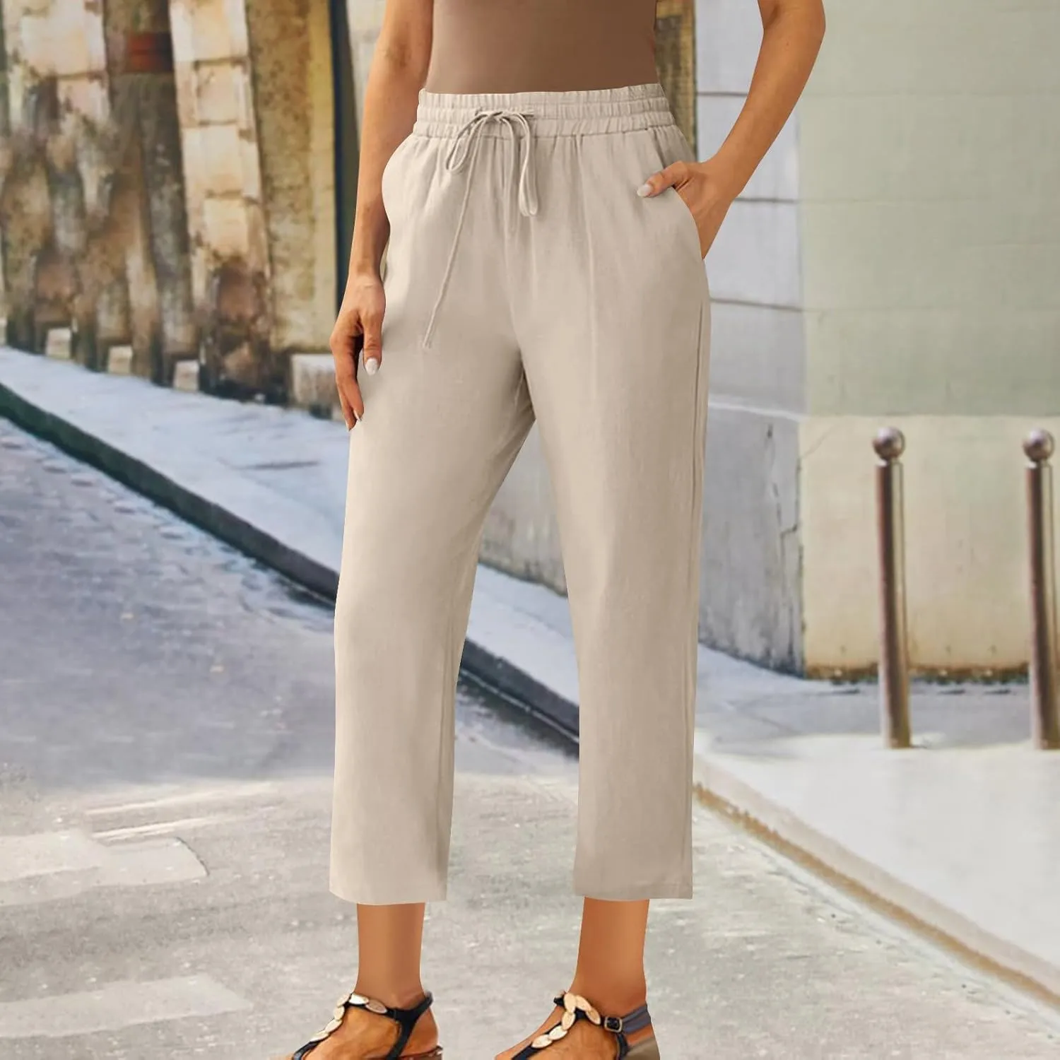 Women's Cotton Linen Pants Summer Straight Leg High Waisted Capri Pants Casual Drawstring Beach Trousers with Pockets