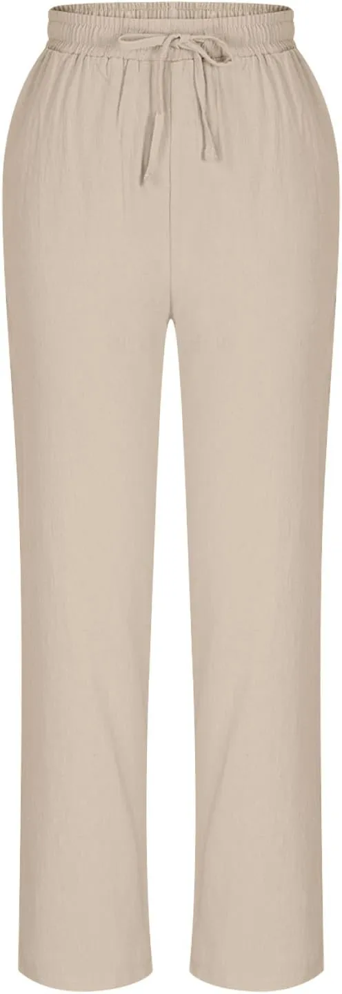 Women's Cotton Linen Pants Summer Straight Leg High Waisted Capri Pants Casual Drawstring Beach Trousers with Pockets