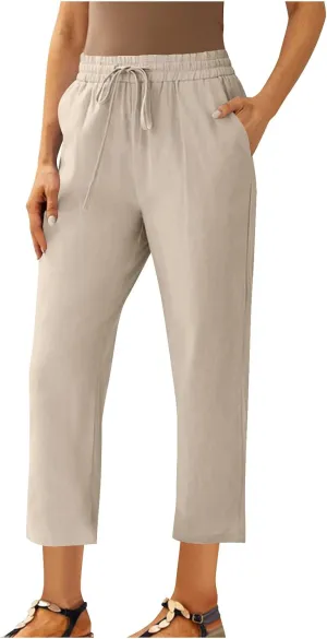 Women's Cotton Linen Pants Summer Straight Leg High Waisted Capri Pants Casual Drawstring Beach Trousers with Pockets