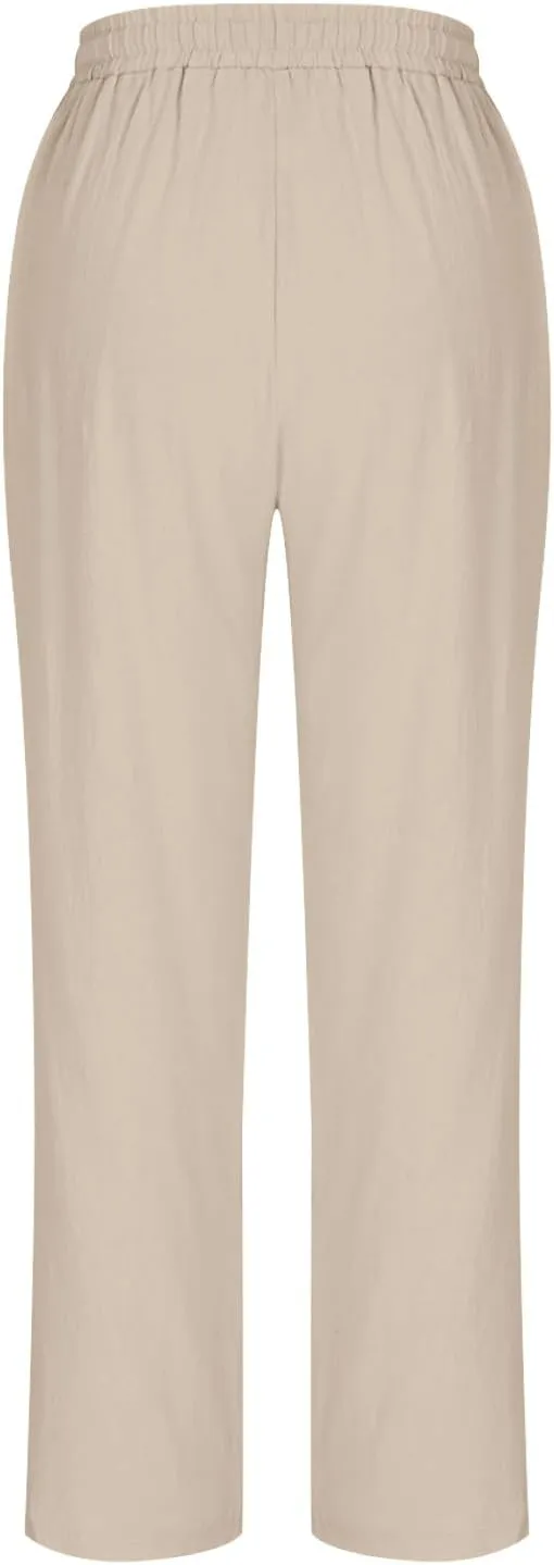 Women's Cotton Linen Pants Summer Straight Leg High Waisted Capri Pants Casual Drawstring Beach Trousers with Pockets