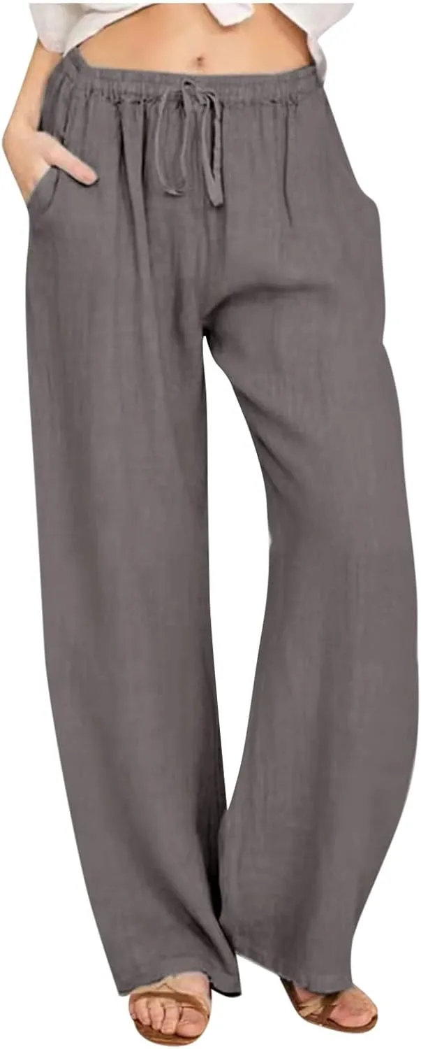 Women's Cotton Linen Pants Summer Wide Leg Pants Casual Loose Drawstring High Waist Palazzo Pants Trousers Pockets
