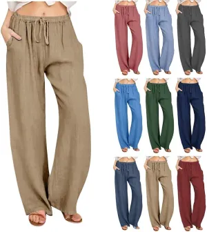 Women's Cotton Linen Pants Wide Leg High Waisted Lounge Trousers Drawstring Casual Loose Palazzo Pants with Pockets
