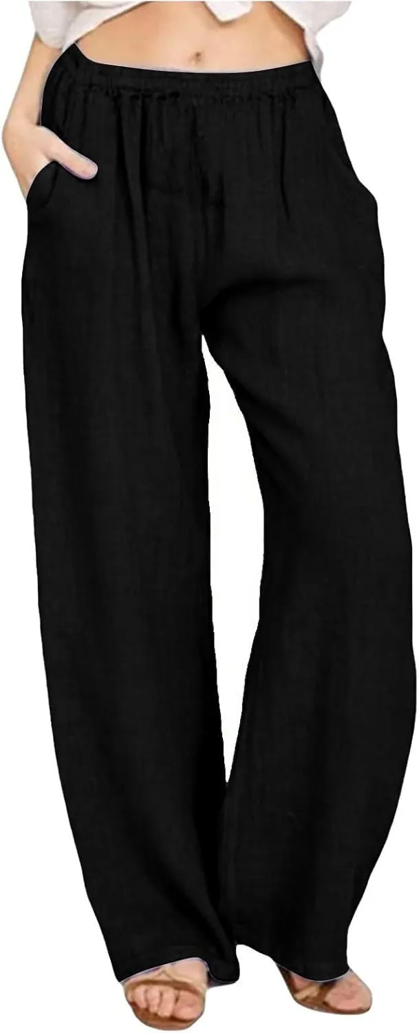 Women's Cotton Linen Pants Wide Leg High Waisted Lounge Trousers Drawstring Casual Loose Palazzo Pants with Pockets