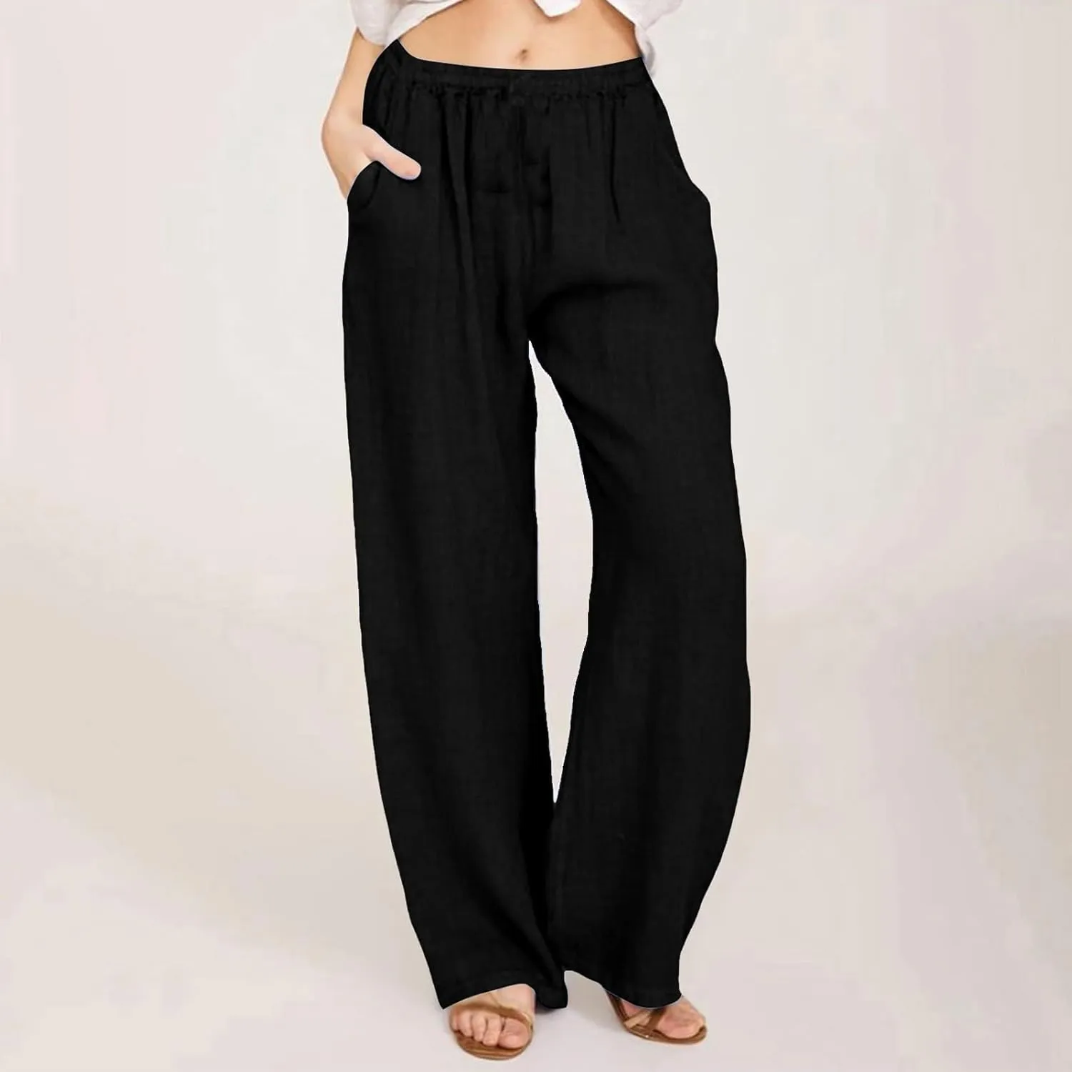 Women's Cotton Linen Pants Wide Leg High Waisted Lounge Trousers Drawstring Casual Loose Palazzo Pants with Pockets