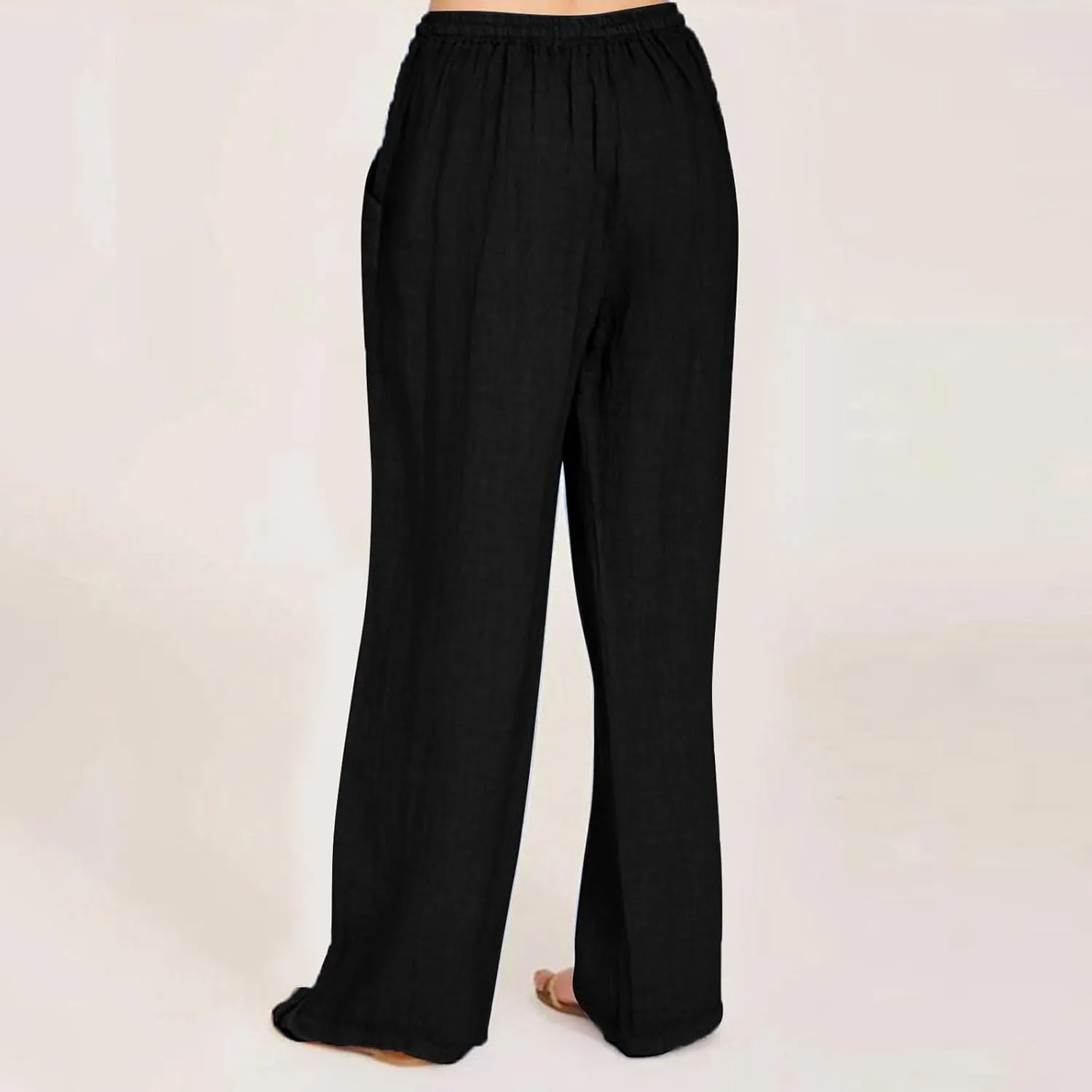 Women's Cotton Linen Pants Wide Leg High Waisted Lounge Trousers Drawstring Casual Loose Palazzo Pants with Pockets