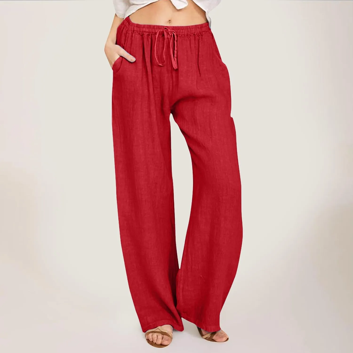 Womens Cotton Linen Summer Letter Patched Palazzo Pants Low Waist Wide Leg Slim Fit Palazzo Pants Office