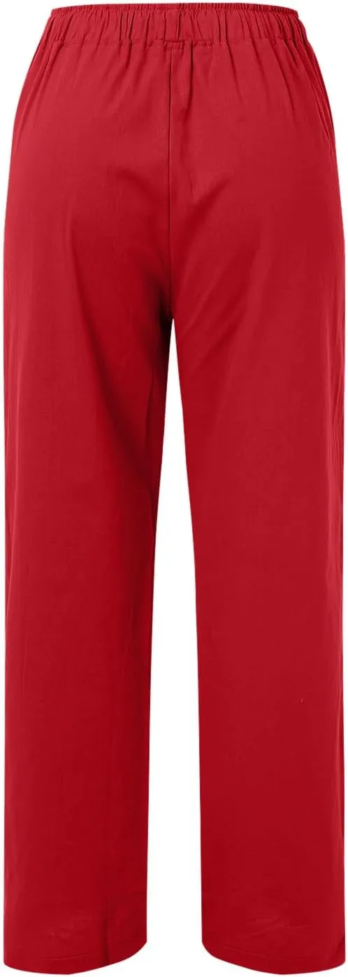 Womens Cotton Linen Summer Letter Patched Palazzo Pants Low Waist Wide Leg Slim Fit Palazzo Pants Office