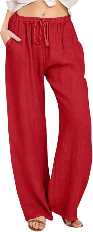 Womens Cotton Linen Summer Letter Patched Palazzo Pants Low Waist Wide Leg Slim Fit Palazzo Pants Office