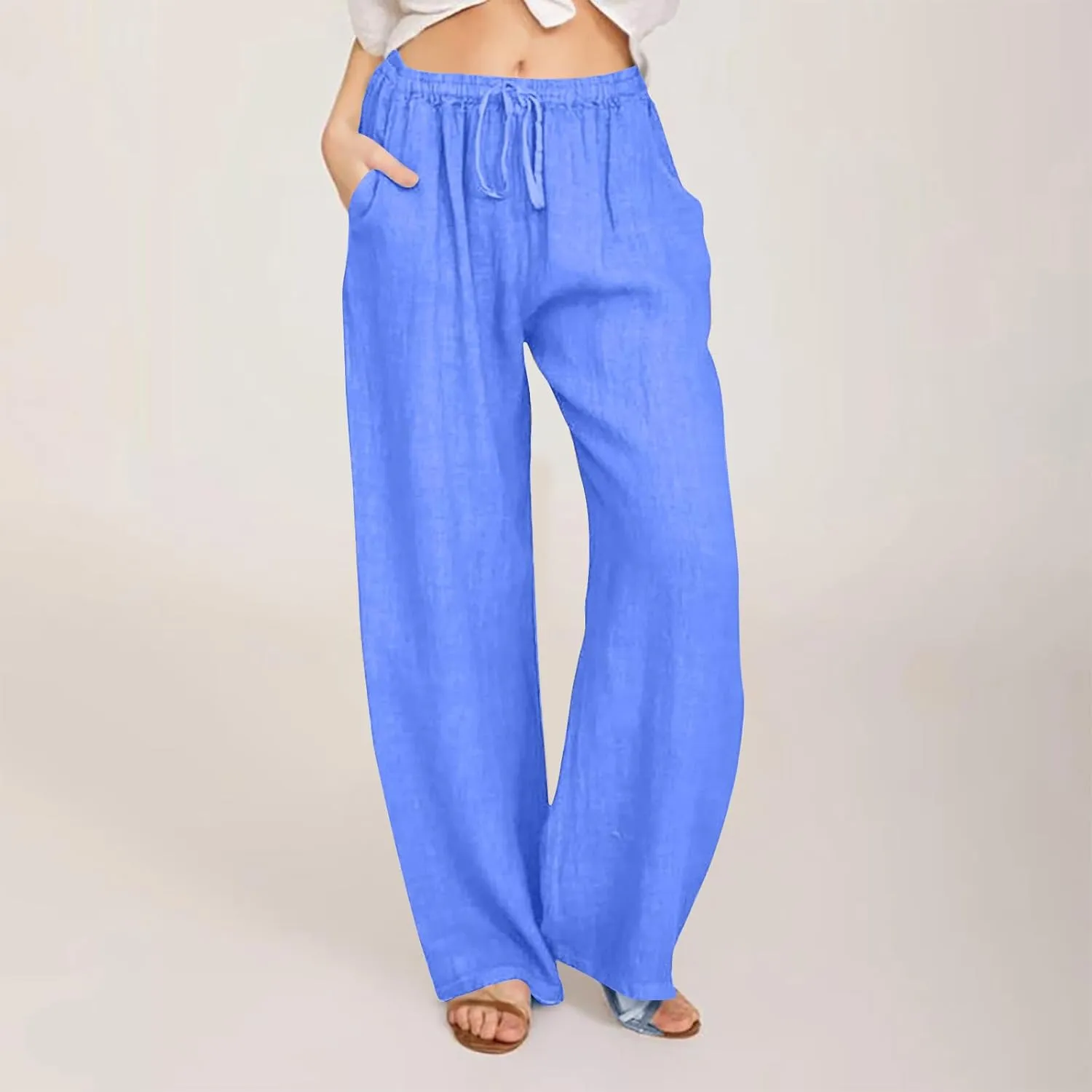 Womens Cotton Linen Wide Leg Pants Dressy Casual Summer Elastic Waist Lounge Trousers Trendy Beach Vacation Outfits