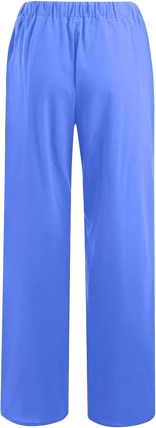 Womens Cotton Linen Wide Leg Pants Dressy Casual Summer Elastic Waist Lounge Trousers Trendy Beach Vacation Outfits