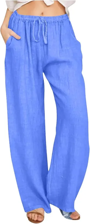 Womens Cotton Linen Wide Leg Pants Dressy Casual Summer Elastic Waist Lounge Trousers Trendy Beach Vacation Outfits