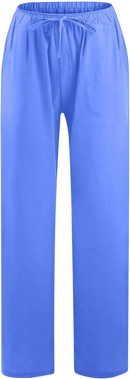 Womens Cotton Linen Wide Leg Pants Dressy Casual Summer Elastic Waist Lounge Trousers Trendy Beach Vacation Outfits