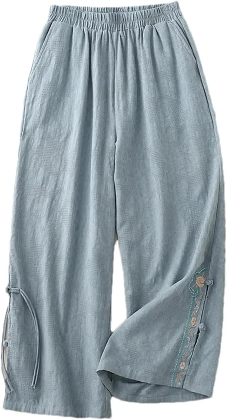 Women's Cotton Linen Wide-Leg Pants  Embroidered Split Buckle High Waist Loose Fit Straight Casual Summer Trousers