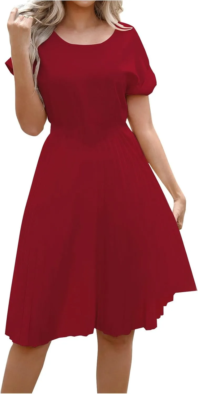 Women's Crew Neck Short Sleeve Dresses Classy Simple Solid A-Line Pleated Dresses Casual Summer Beach Sundress