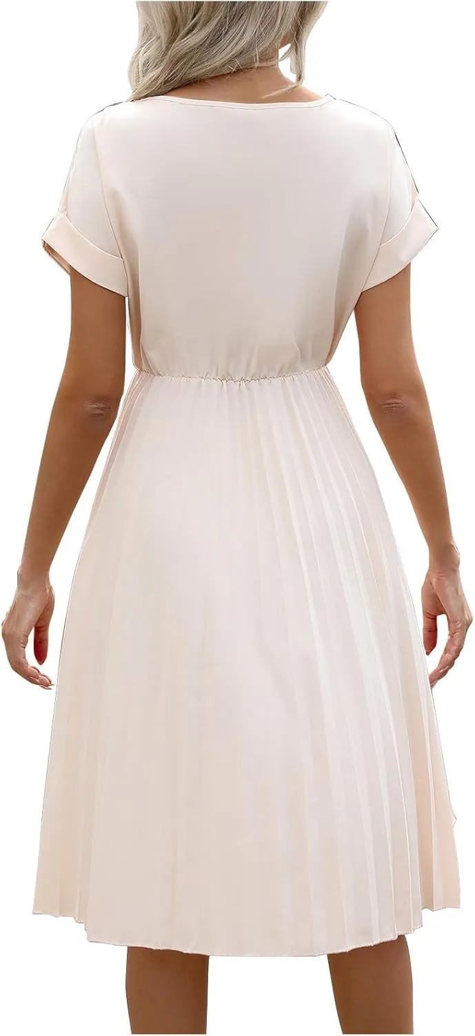 Women's Crew Neck Short Sleeve Dresses Classy Simple Solid A-Line Pleated Dresses Casual Summer Beach Sundress
