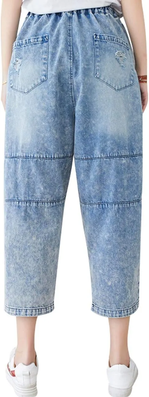 Women's Drawstring Pants Denim Jeans Harem Pants with Pockets