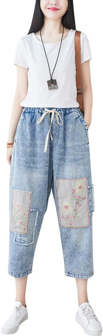 Women's Drawstring Pants Denim Jeans Harem Pants with Pockets