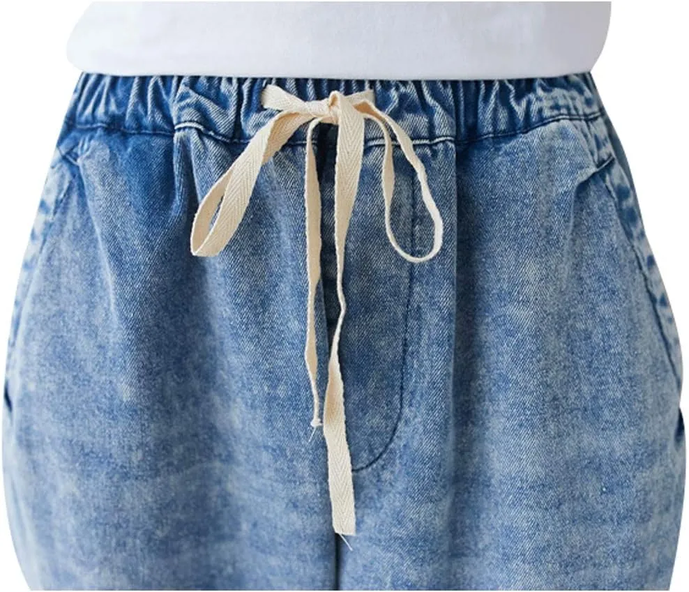 Women's Drawstring Pants Denim Jeans Harem Pants with Pockets