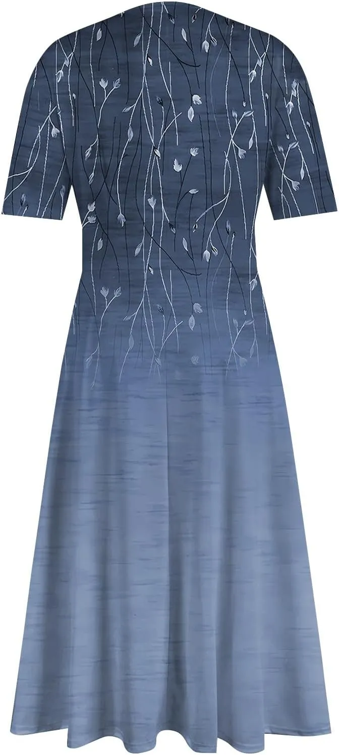 Women's Dresses Short Sleeve V Neck Shirt Dresses Plus Size Modest Floral Boho Dresses Casual Long Flowy Dresses