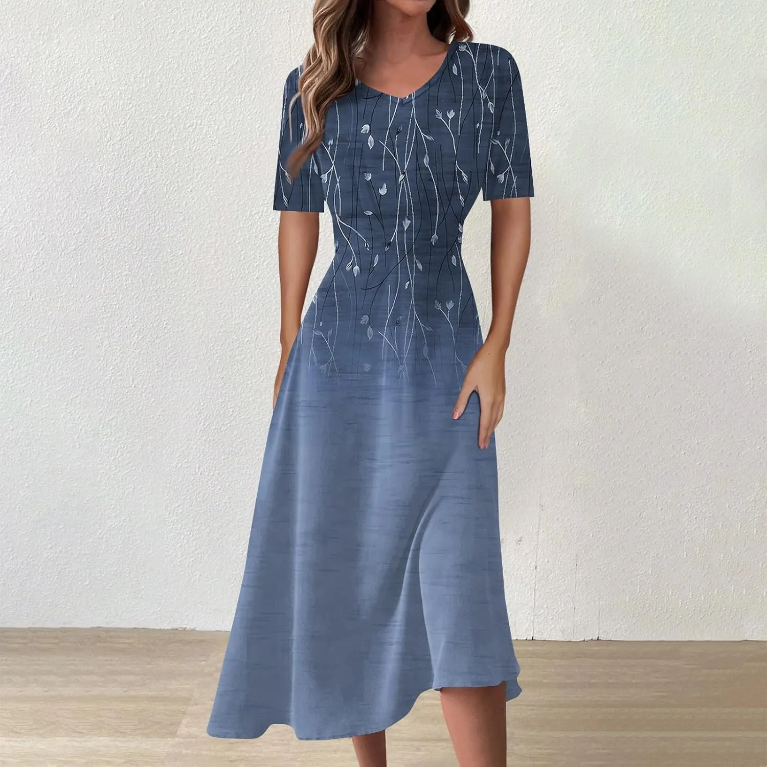Women's Dresses Short Sleeve V Neck Shirt Dresses Plus Size Modest Floral Boho Dresses Casual Long Flowy Dresses