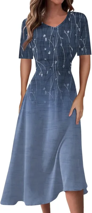 Women's Dresses Short Sleeve V Neck Shirt Dresses Plus Size Modest Floral Boho Dresses Casual Long Flowy Dresses
