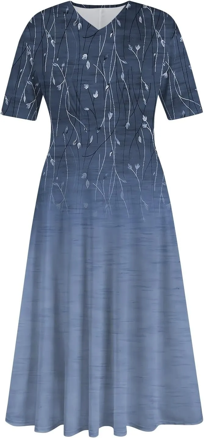 Women's Dresses Short Sleeve V Neck Shirt Dresses Plus Size Modest Floral Boho Dresses Casual Long Flowy Dresses