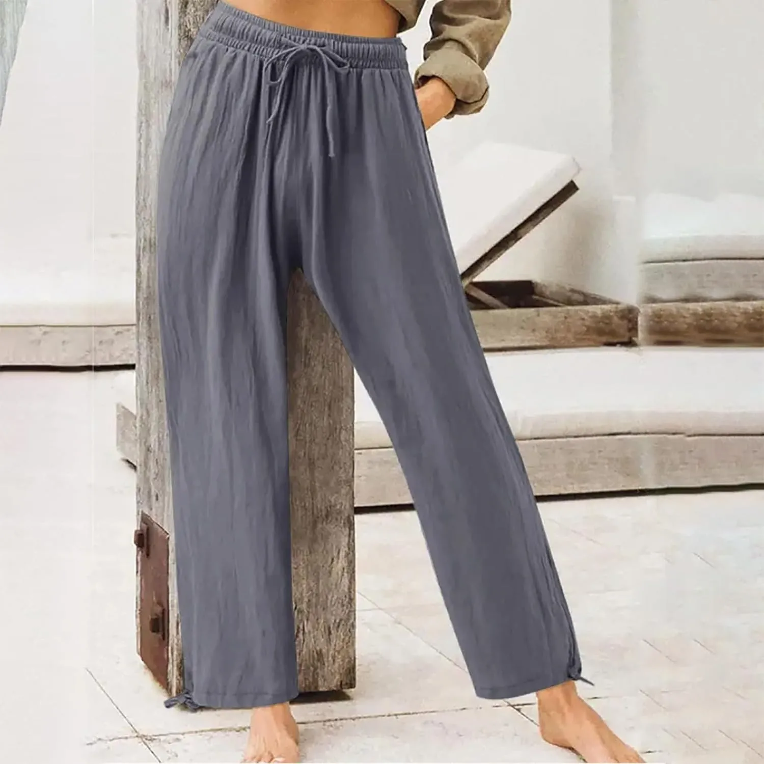 Womens Elastic High Waisted Palazzo Pants 2024 Summer Trendy Casual Wide Leg Pant Long Lounge Trousers with Pocket
