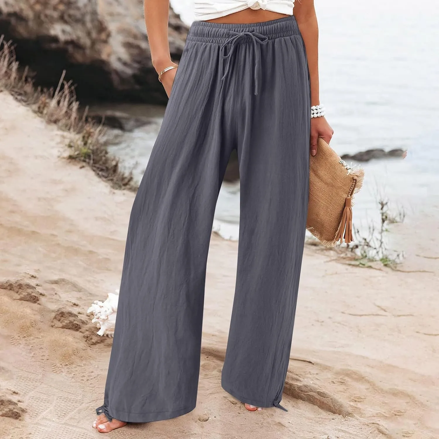 Womens Elastic High Waisted Palazzo Pants 2024 Summer Trendy Casual Wide Leg Pant Long Lounge Trousers with Pocket