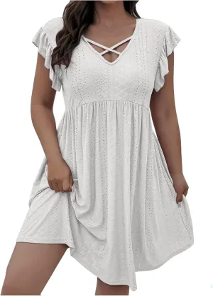 Women's Fashion Eyelet Embroidery Summer Midi Dress, Loose Plus Size Ruffle Short Sleeve Flowy Dresses Casual Comfy