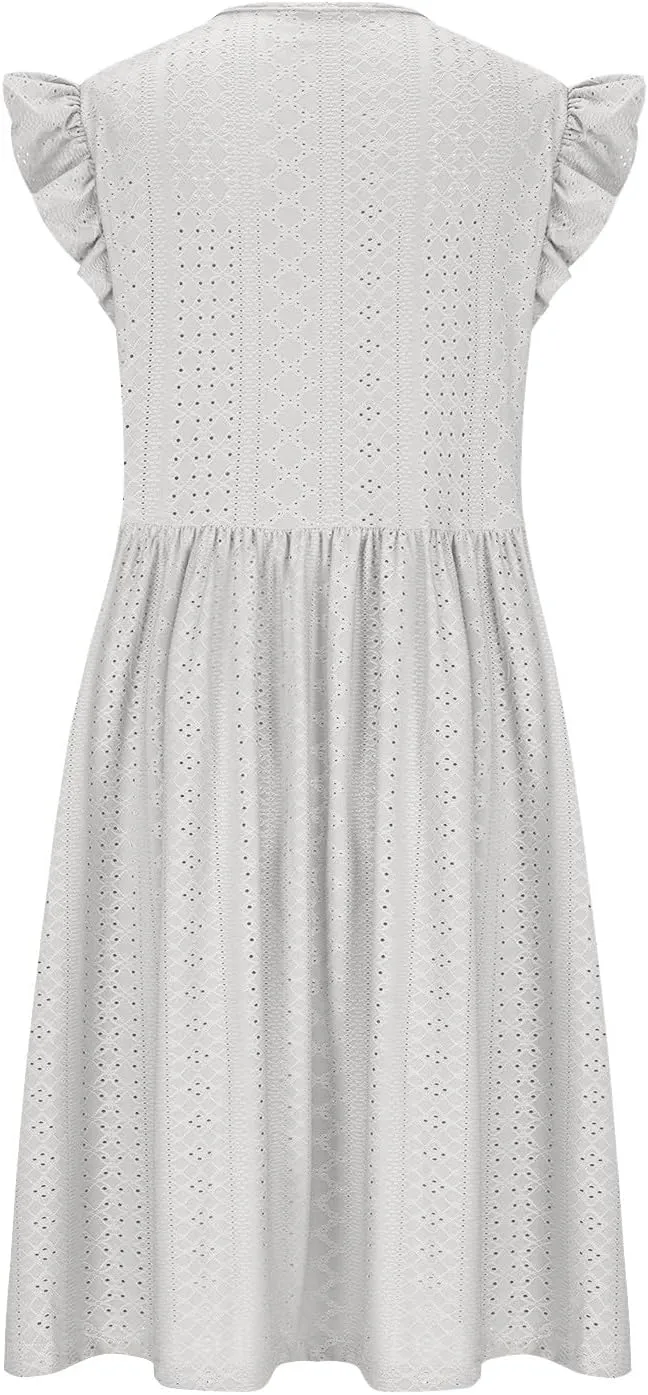 Women's Fashion Eyelet Embroidery Summer Midi Dress, Loose Plus Size Ruffle Short Sleeve Flowy Dresses Casual Comfy