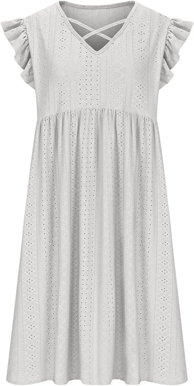 Women's Fashion Eyelet Embroidery Summer Midi Dress, Loose Plus Size Ruffle Short Sleeve Flowy Dresses Casual Comfy