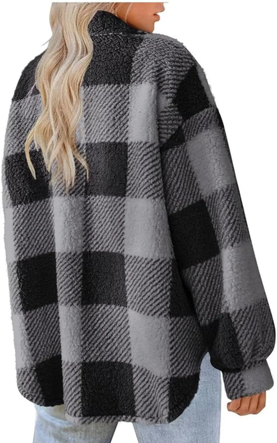 Womens Fuzzy Fleece Plaid Shacket Jacket Buffalo Plaid Flannel Sherpa Puffer Coat Button Down Sherpa Shacket